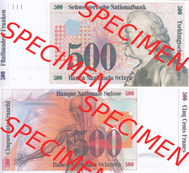 Banknoten Schweiz 1985-1985, 500 Franken. Vorderseite und Rückseite auf einen Digitalen Bild der Banknoten der Schweiz 1983-1985, Banknoten aus Satz der Banknoten Schweiz 1983-1985... Sammlung