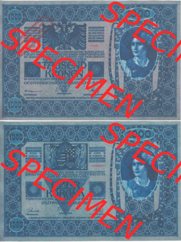 Banknoten Österreich 1920-1920, 1000 Kronen Aufdruck. Vorderseite und Rückseite auf einen Digitalen Bild der Banknoten von Österreich 1920 nach 4. Oktober 1920,... Sammlung