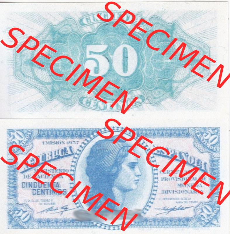 Banknoten Spanien 1937-1937, 50 Centimos. Vorderseite und Rückseite auf einen Digitalen Bild der Banknoten von Spanien 1937-1938, Banknoten aus Satz der Banknoten Spanien 1937-1938... Sammlung