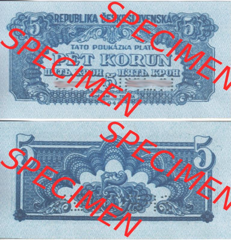 Banknoten Tschechoslowakei 1944-1944, 5 Kronen. Vorderseite und Rückseite auf einen Digitalen Bild der Banknoten der Tschechoslowakei 1944-1945, Banknoten aus Satz der Banknoten... Sammlung