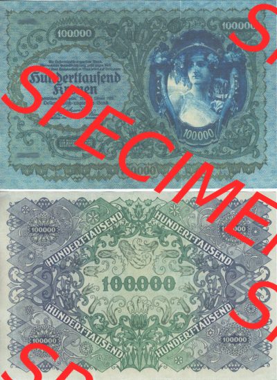 Banknoten Österreich 1922-1922, 100000 100.000 Kronen. Vorderseite und Rückseite auf einen Digitalen Bild der Banknoten von... Sammlung