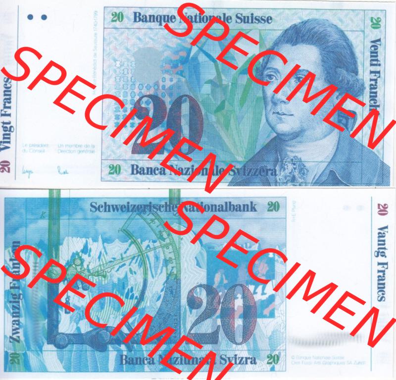 Banknoten Schweiz 1985-1985, 20 Franken. Vorderseite und Rückseite auf einen Digitalen Bild der Banknoten der Schweiz 1983-1985, Banknoten aus Satz der Banknoten Schweiz 1983-1985... Sammlung