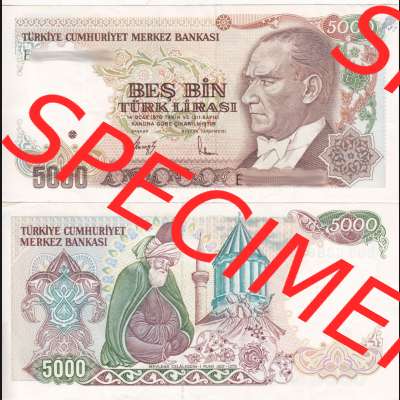 Banknote Türkei 1985-1985 (1970), 5000 Lira. Vorderseite und Rückseite auf einen Digitalen Bild der Banknoten der Türkei 1968-1986, Banknoten aus Satz der Banknoten... Sammlung