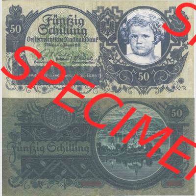 Banknoten Österreich 1935-1935, 50 Schilling. Vorderseite und Rückseite auf einen Digitalen Bild der Banknoten von Österreich 1935-1945, Banknoten aus Satz der Banknoten... Sammlung