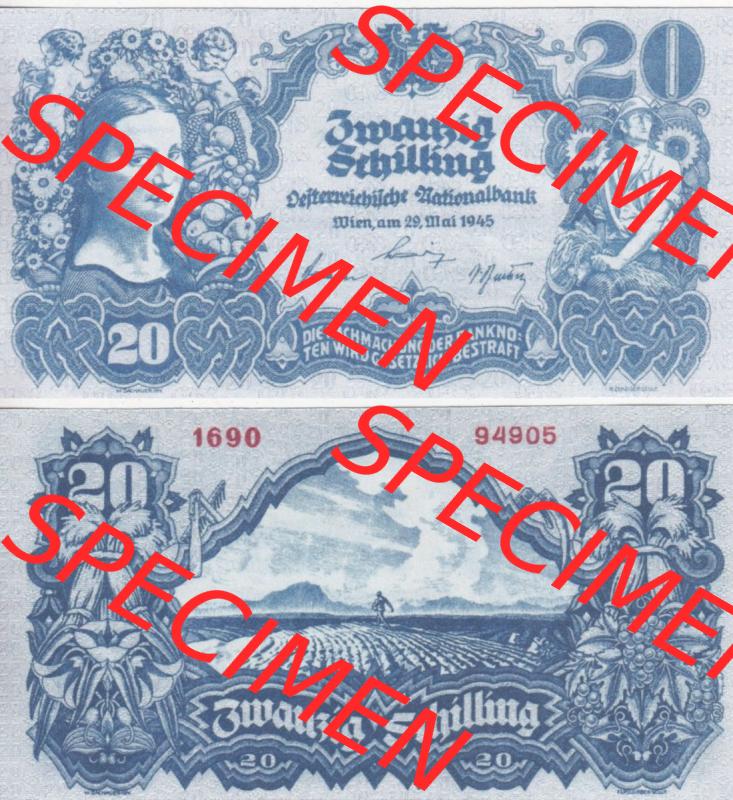 Banknoten Österreich 1945-1945, 20 Schilling. Vorderseite und Rückseite auf einen Digitalen Bild der Banknoten von Österreich 1945 Schilling, Banknoten aus Satz der Banknoten... Sammlung