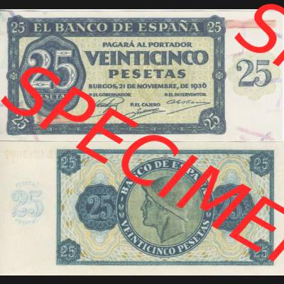 Banknoten Spanien 1936-1936, 25 Peseten. Vorderseite und Rückseite auf einen Digitalen Bild der Banknoten von Spanien 1936, Banknoten aus Satz der Banknoten Spanien 1936 in der... Sammlung
