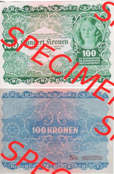 Banknoten Österreich 1922-1922, 100 Kronen. Vorderseite und Rückseite auf einen Digitalen Bild der Banknoten von Österreich... Sammlung