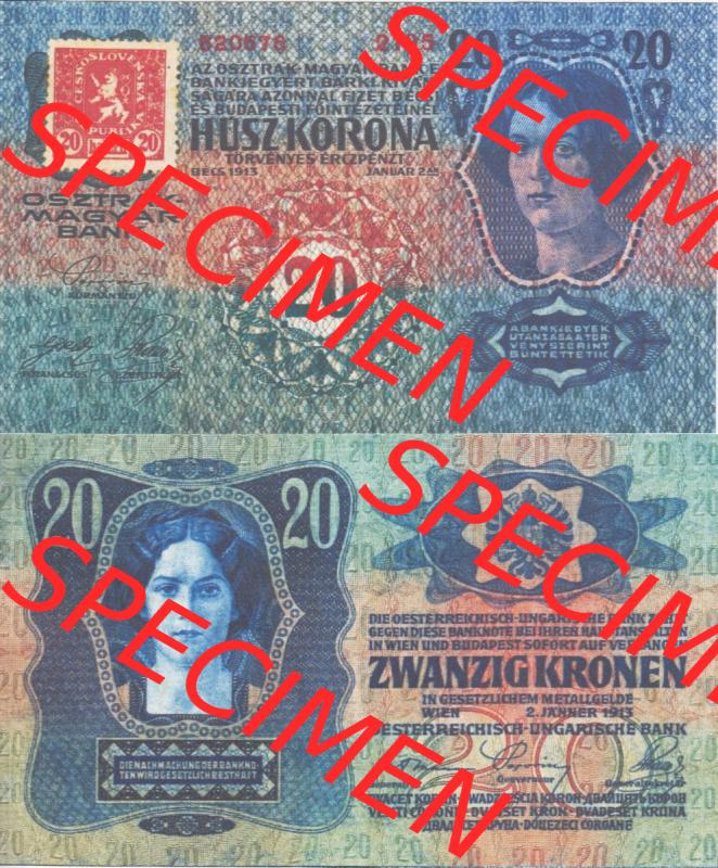 Banknoten Tschechoslowakei 1919-1919, 20 Kronen Provisorische Geldschein Ausgaben. Vorderseite und Rückseite auf einen Digitalen Bild der Banknoten der Tschechoslowakei 1919 Provisorisch,... Sammlung