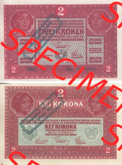 Banknoten Österreich 1920-1920, 2 Kronen Aufdruck. Vorderseite und Rückseite auf einen Digitalen Bild der Banknoten von Österreich... Sammlung