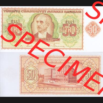Banknote Türkei 1944, P134, 50 Kurus. Vorderseite und Rückseite auf einen Digitalen Bild der Banknoten der Türkei 1940-1944, Banknoten aus Satz der Banknoten der... Sammlung