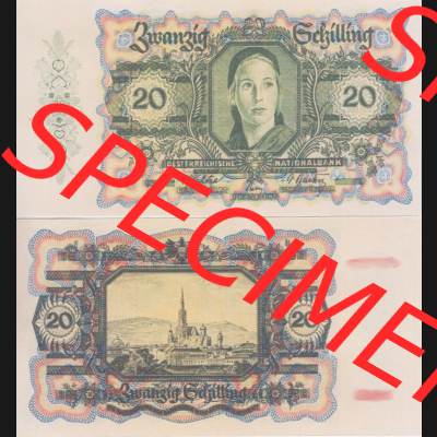 Banknoten Österreich 1946-1946, 20 Schilling. Vorderseite und Rückseite auf einen Digitalen Bild der Banknoten von Österreich 1945-1947, Banknoten aus Satz der Banknoten... Sammlung