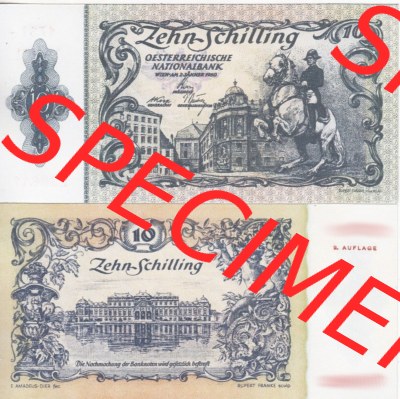 Banknoten Österreich 1950-1950, 10 Schilling 2. Auflage. Vorderseite und Rückseite auf einen Digitalen Bild der Banknoten von... Sammlung
