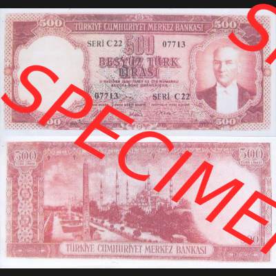 Banknote Türkei 1953, P170, 500 Lira. Vorderseite und Rückseite auf einen Digitalen Bild der Banknoten der Türkei 1951-1960, Banknoten aus Satz der Banknoten der... Sammlung
