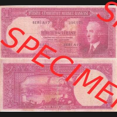 Banknote Türkei 1942, P135, 1 Lira. Vorderseite und Rückseite auf einen Digitalen Bild der Banknoten der Türkei 1940-1944, Banknoten aus Satz der Banknoten der Türkei... Sammlung