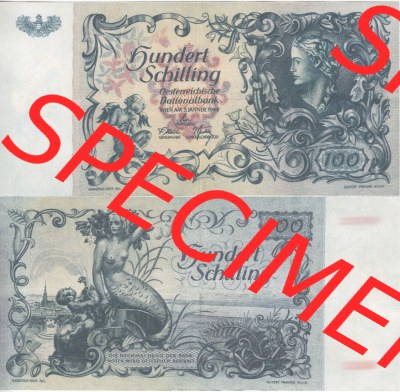 Banknoten Österreich 1949-1949, 100 Schilling II.. Vorderseite und Rückseite auf einen Digitalen Bild der Banknoten von Österreich... Sammlung