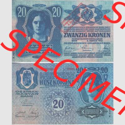 Banknoten Österreich 1920-1920, 20 Kronen Aufdruck. Vorderseite und Rückseite auf einen Digitalen Bild der Banknoten von Österreich 1920 nach 4. Oktober 1920, Banknoten... Sammlung