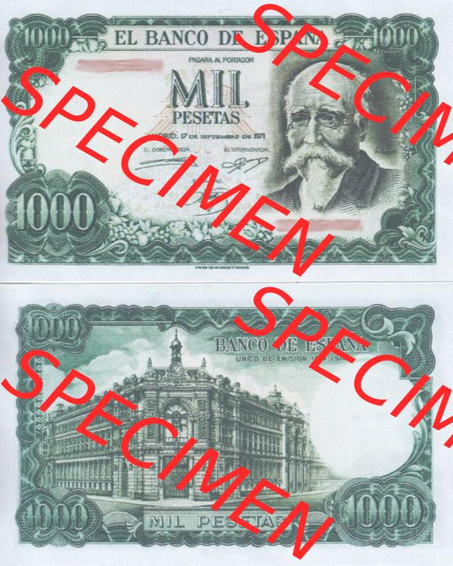 Banknoten Spanien 1971-1974, 1000 Peseten. Vorderseite und Rückseite auf einen Digitalen Bild der Banknoten von Spanien 1965-1978, Banknoten aus Satz der Banknoten Spanien 1965-1978... Sammlung