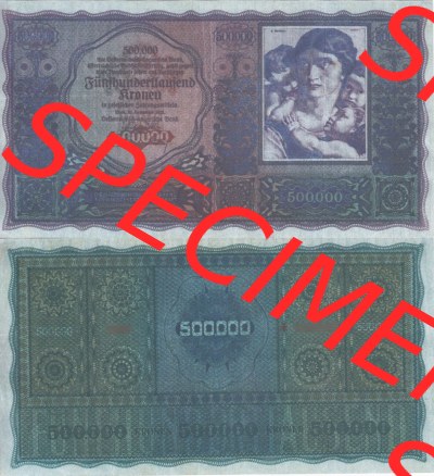 Banknoten Österreich 1922-1922, 500000 500.000 Kronen. Vorderseite und Rückseite auf einen Digitalen Bild der Banknoten von... Sammlung