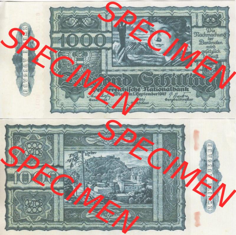 Banknoten Österreich 1947-1947, 1000 Schilling. Vorderseite und Rückseite auf einen Digitalen Bild der Banknoten von Österreich 1945-1947, Banknoten aus Satz der Banknoten... Sammlung