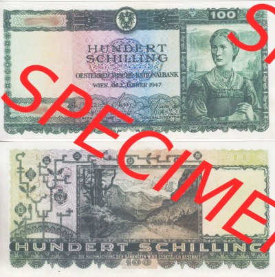 Banknoten Österreich 1947-1947, 100 Schilling. Vorderseite und Rückseite auf einen Digitalen Bild der Banknoten von Österreich... Sammlung