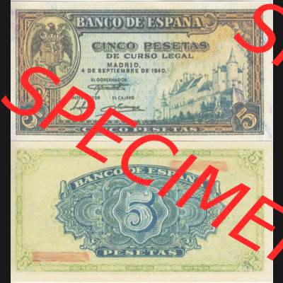 Banknoten Spanien 1940-1940, 5 Peseten. Vorderseite und Rückseite auf einen Digitalen Bild der Banknoten von Spanien 1940, 1943, 1945, Banknoten aus Satz der Banknoten... Sammlung