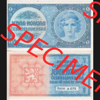 Banknoten Tschechoslowakei 1938-1938, 1 Krone. Vorderseite und Rückseite auf einen Digitalen Bild der Banknoten der Tschechoslowakei 1938, Banknoten aus Satz der Banknoten Tschechoslowakei... Sammlung