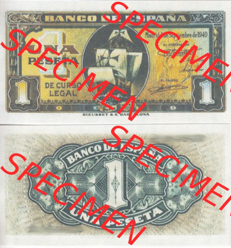 Banknoten Spanien 1940-1940, 1 Pesete September 1940. Vorderseite und Rückseite auf einen Digitalen Bild der Banknoten von Spanien 1940, 1943, 1945, Banknoten aus Satz... Sammlung