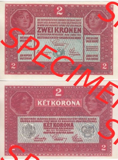 Banknoten Österreich 1917-1917, 2 Kronen. Vorderseite und Rückseite auf einen Digitalen Bild der Banknoten von Österreich 1917... Sammlung