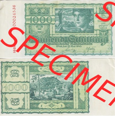 Banknoten Österreich 1945-1945, 1000 Schilling. Vorderseite und Rückseite auf einen Digitalen Bild der Banknoten von Österreich... Sammlung
