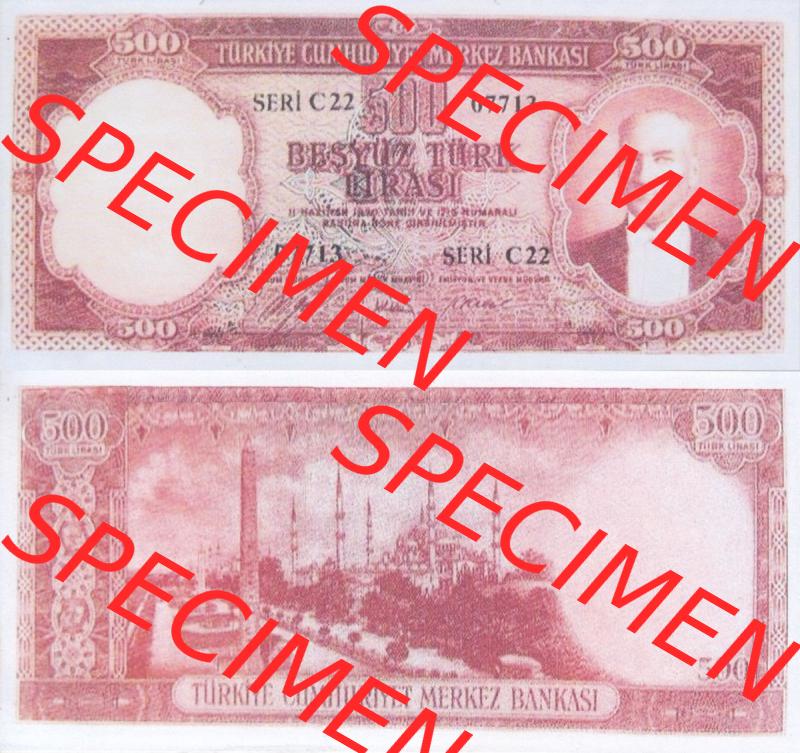 Banknote Türkei 1953, P170, 500 Lira. Vorderseite und Rückseite auf einen Digitalen Bild der Banknoten der Türkei 1951-1960, Banknoten aus Satz der Banknoten der... Sammlung