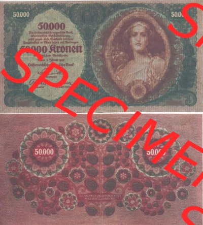 Banknoten Österreich 1922-1922, 50.000 Kronen II. Vorderseite und Rückseite auf einen Digitalen Bild der Banknoten von Österreich... Sammlung