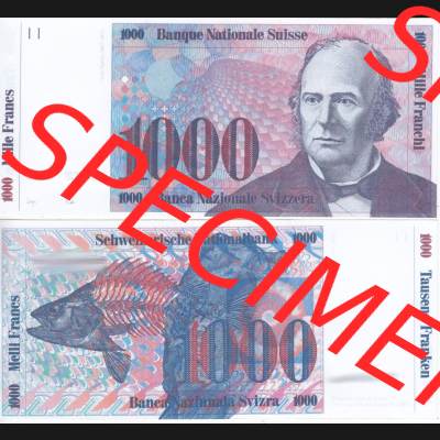 Banknoten Schweiz 1985-1985, 1000 Franken. Vorderseite und Rückseite auf einen Digitalen Bild der Banknoten der Schweiz 1983-1985, Banknoten aus Satz der Banknoten Schweiz 1983-1985... Sammlung