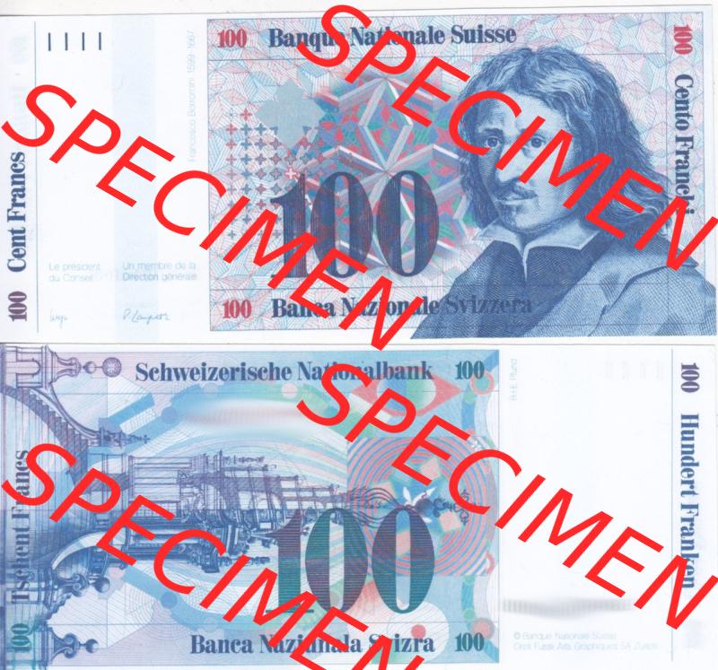 Banknoten Schweiz 1985-1985, 100 Franken. Vorderseite und Rückseite auf einen Digitalen Bild der Banknoten der Schweiz 1983-1985, Banknoten aus Satz der Banknoten Schweiz 1983-1985... Sammlung