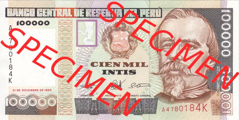 Banknoten Amerika Peru 1989, 100000 Intis (1) Sammlung