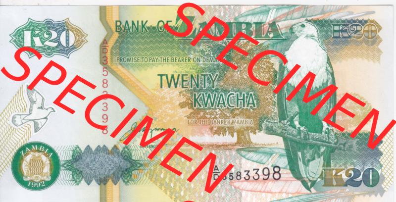Banknoten Afrika Sambia 1992, 20 Kwacha (1) Sammlung