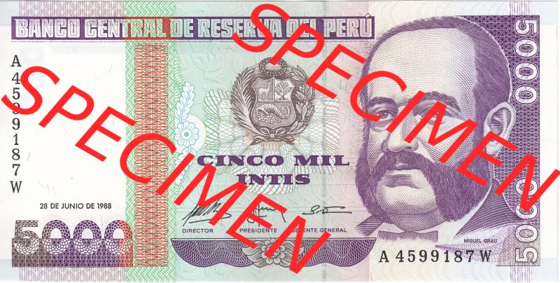 Banknoten Amerika Peru 1988, 5000 Intis (1) Sammlung