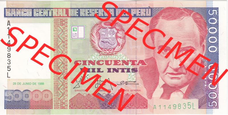 Banknoten Amerika Peru 1988, 50000 Intis (1) Sammlung