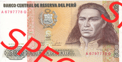 Banknoten Amerika Peru 1987, 500 Intis (1) Sammlung