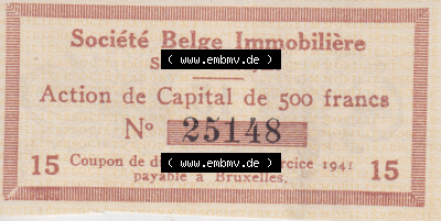 Historische Coupons 1941, Belgien Immobiliere Action de Capital de 500 francs, Coupon de dividende (1) Sammlung