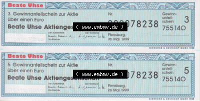 Historische Coupons 1999, Deutschland Beate Uhse 3. Gewinnanteilschein (1) Sammlung