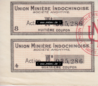 Historische Coupons Union Miniere Indochinoise Societe Anonyme Huitieme Coupon (1) Sammlung