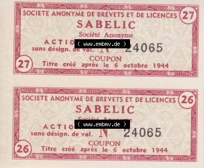 Historische Coupons 1944, Sabelic Societe Anonyme de Brevets et de Licences (1) Sammlung