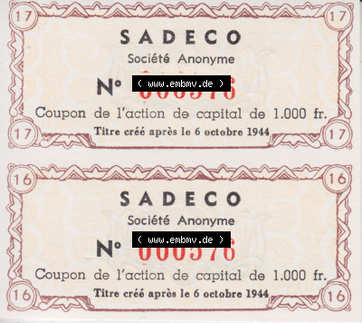 Historische Coupons 1944, Sadeco Societe Anonyme Coupon de Capital de 1.000 fr. (1) Sammlung