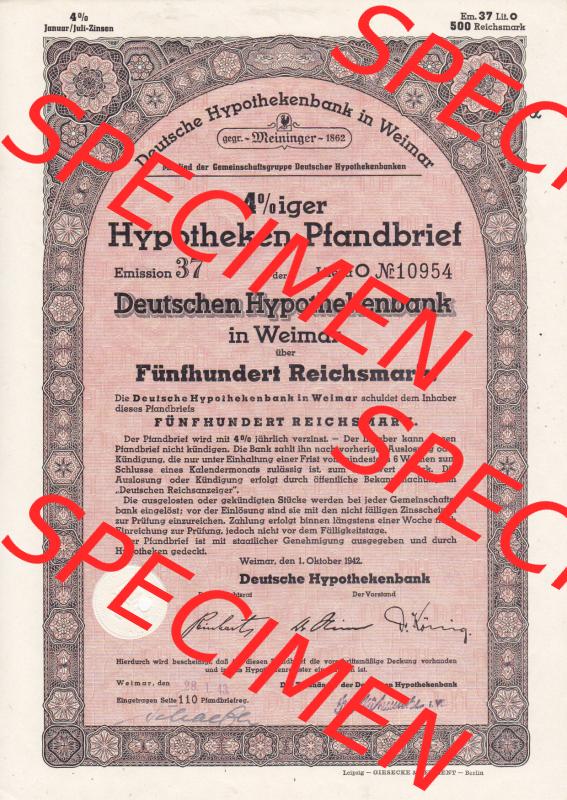 Deutsches Reich 1942, Hypotheken-Pfandbrief der Deutschen Hypothekenbank in Weimar über Fünfhundert Reichsmark (1) Sammlung