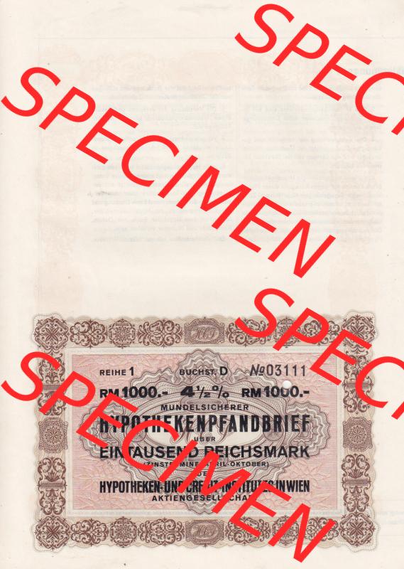 Österreich 1940, 4.5 Prozent Mundelsicherer Hypothekenpfandbrief über Eintausend Reichsmark, Hyptheken- und Credit-Institutes in Wien (2) Sammlung