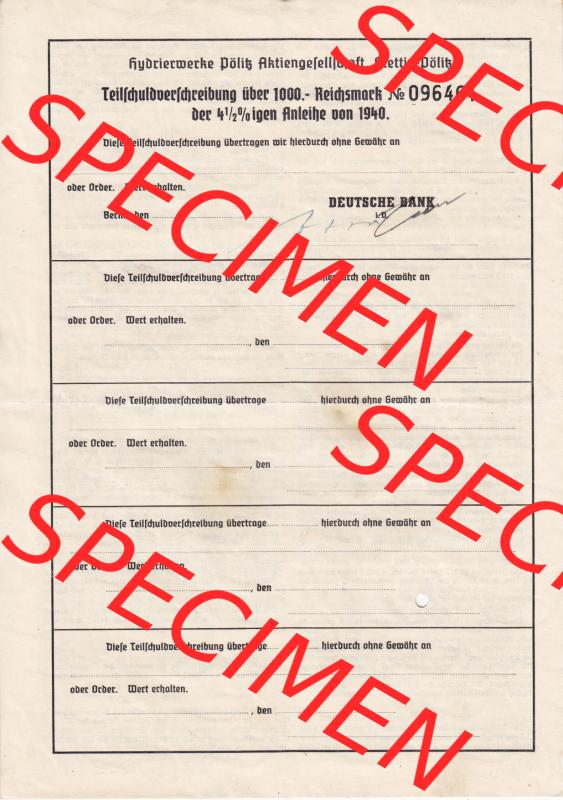 1940, 1000 Reichsmark Hydrierwerke Pölitz Aktiengesellschaft, Stettin-Pölitz (2) Sammlung