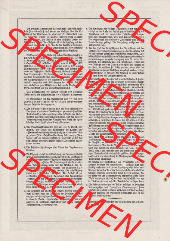 1940 September, 4 Prozent Schuld-Verschreibung, Agrarkreditbrief, Wert 1000 Reichsmark, Berlin (2) Sammlung