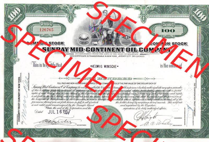 USA Öl 1957, Sunray MID-Continent Oil Company, Stammaktie Common Stock 100 Shares-Aktien (1) Sammlung