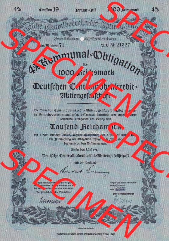 Deutsches Reich 1941, 1000 RM Kommunal-Obligation über 1000 Reichsmark Deutschen Centralbodenkredit-Aktiengesellschaft Tausend Reichsmark (1) Sammlung