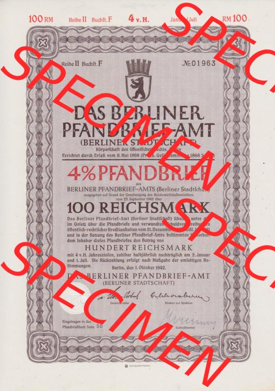 Deutsches Reich 1942, Das Berliner Pfandbrief-Amt Berliner Stadtschaft 100 Reichsmark (1) Sammlung